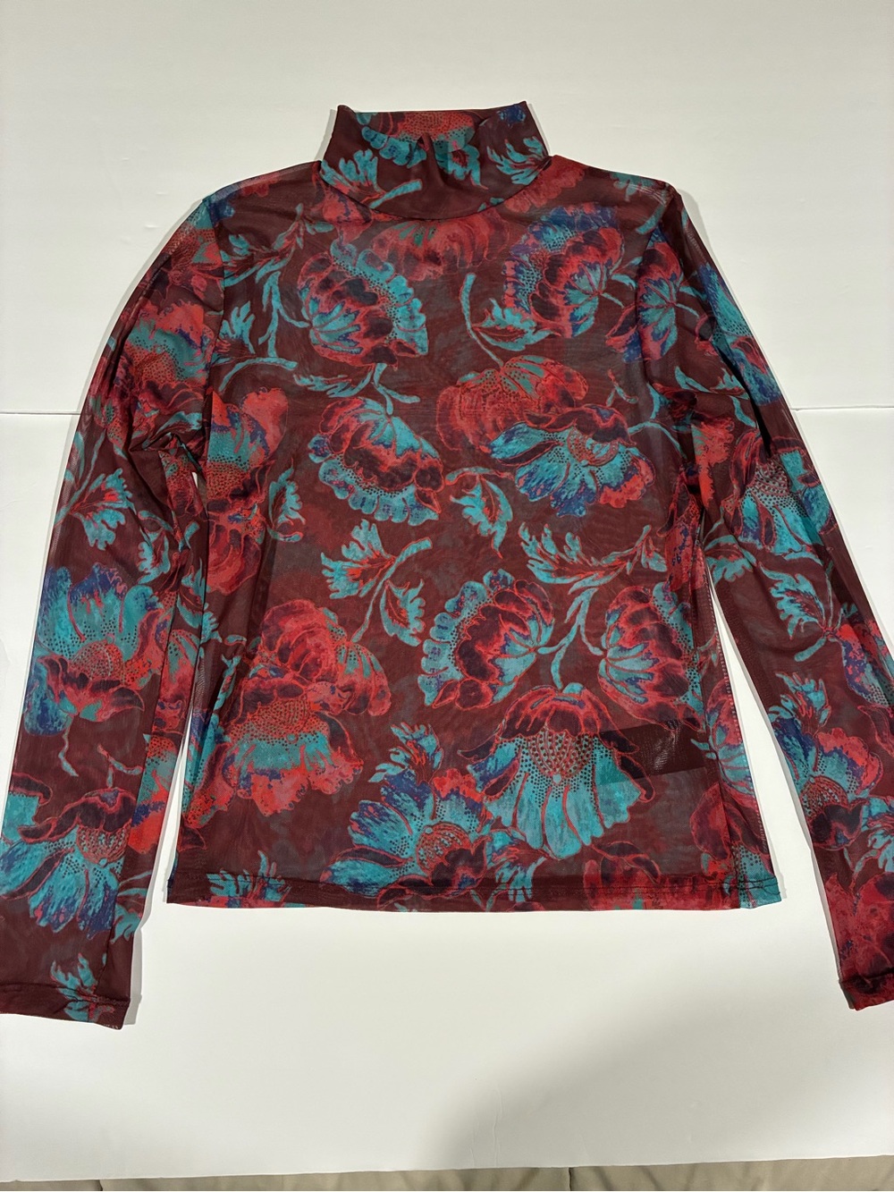 Anthropologie Floral Sheer Mesh Turtleneck - Red & Teal